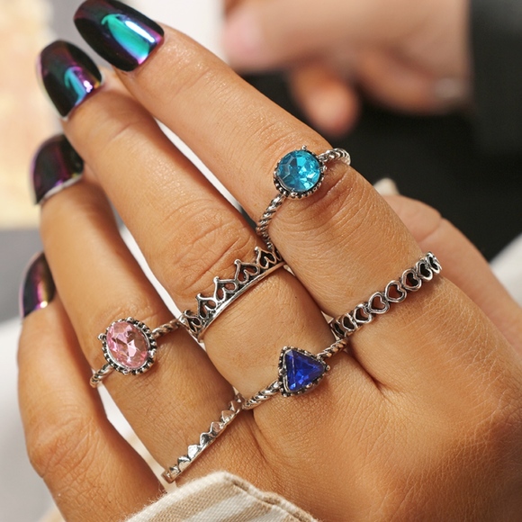 Heart Band Gemstone Silver Boho Gypsy Midi Rings - Picture 2 of 8